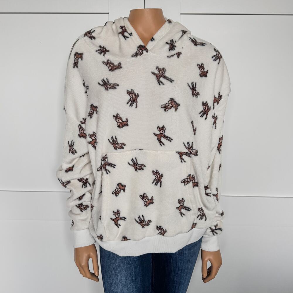 Juniors Harper & Ivy, Plush White Hoodie w/ Bambi Like Deer Print, Juniors Large
